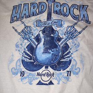 Hard Rock Cafe Blue and White Graphic Short Sleeve Tee